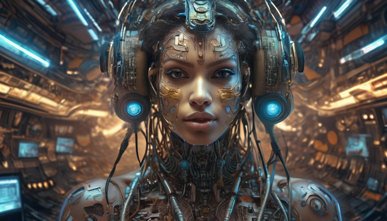 pakistani model woman (a closeup:.5)  a fisheye lens photo of a post apocalyptic tribal cyborg dj tweaking and playing synthesizers in the most complicated and technical spiral fractal musical studio, powerful, cinematic, beautifully lit, by donato giancola, by artgerm, by karol bak, 3d, perfect face and body, trending on artstation, octane render, 8k Ultra