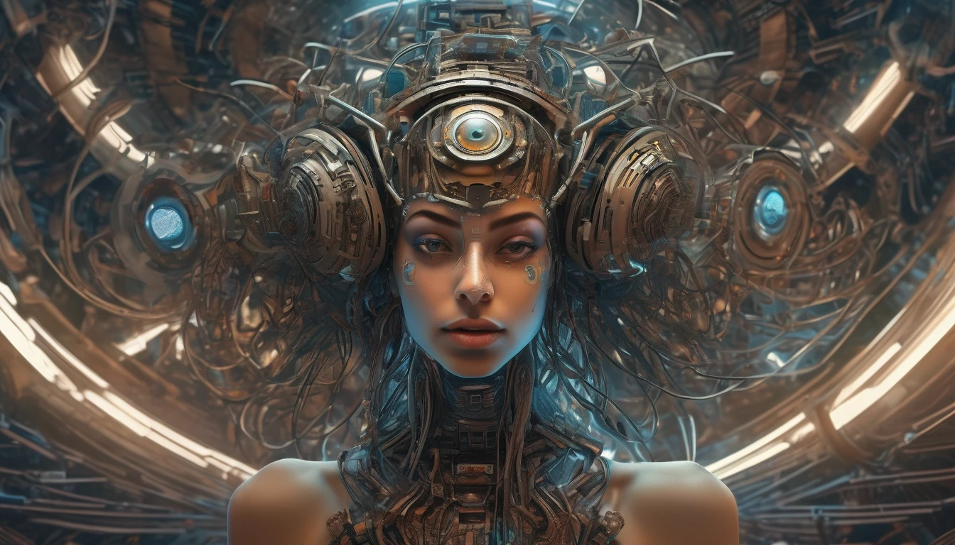 pakistani model woman (a closeup:.5)  a fisheye lens photo of a post apocalyptic tribal cyborg dj tweaking and playing synthesizers in the most complicated and technical spiral fractal musical studio, powerful, cinematic, beautifully lit, by donato giancola, by artgerm, by karol bak, 3d, perfect face and body, trending on artstation, octane render, 8k Ultra