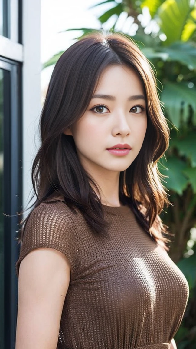 ((Highest quality, 8K, Portraits: 1.3)), (Viewer Display), Photographic realism, Sharp focus, alone, Japanese women,Straight semi-long hair,Photograph the upper body、 Accentuate your breasts, ((Big Breasts))),,30 years old, Casual Dresses