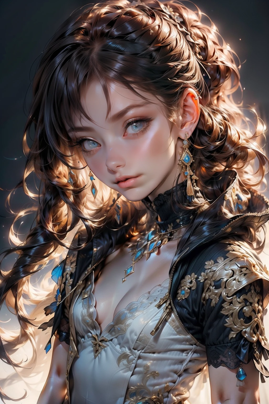 (((masterpiece, of the highest quality, super detailed))), (a female knight of an occult order), Edwardian/Victorian era inspired, ((minimal but intricate beautiful armour)), ((Fluttering lace flared dress with frilly petticoats)), ((((Highly detailed face))), ((ponytail, thick ponytail, heavy ponytail)), (((Very sharp focused eyes))), very long eyelashes, (resolved expression), (resolute expression), small breasts, (((flat chest:1.1))), occult aesthetic, (red and white clothing detailed and intricate steampunk and detailed gothic), (with a hood), complex lace boots