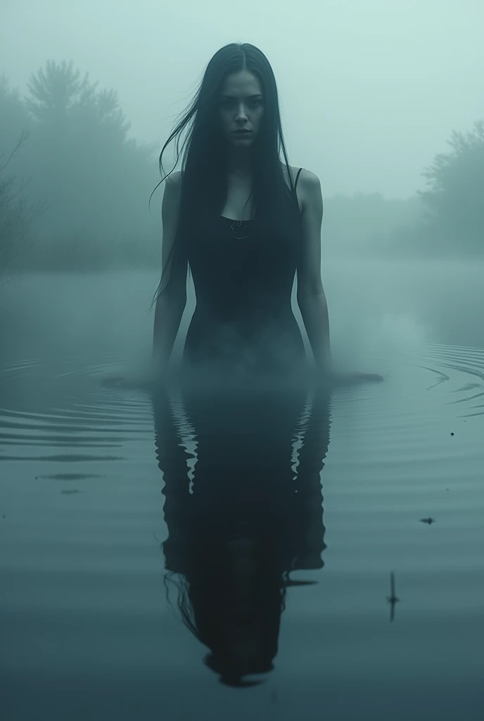 a woman made ghost transparent like vapor he has the sexy attractive and athletic body, walking on the waters of a lake at night, ghostly, gothic, (I can see through your skin:2.0),(translucent:2.0), (She is completely naked:2.0), she has super long straight black hair, her hair covers the front of her body, her hair falls down her shoulders and covers her breasts, dry ice smoke on the ground, skeletal and thin body