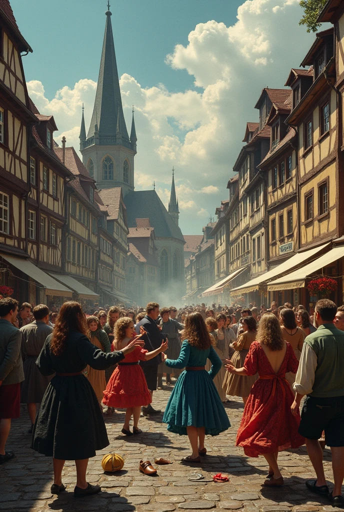 Create an image in that civilians are dancing uncontrollable in the streets of Strasbourg in 1517