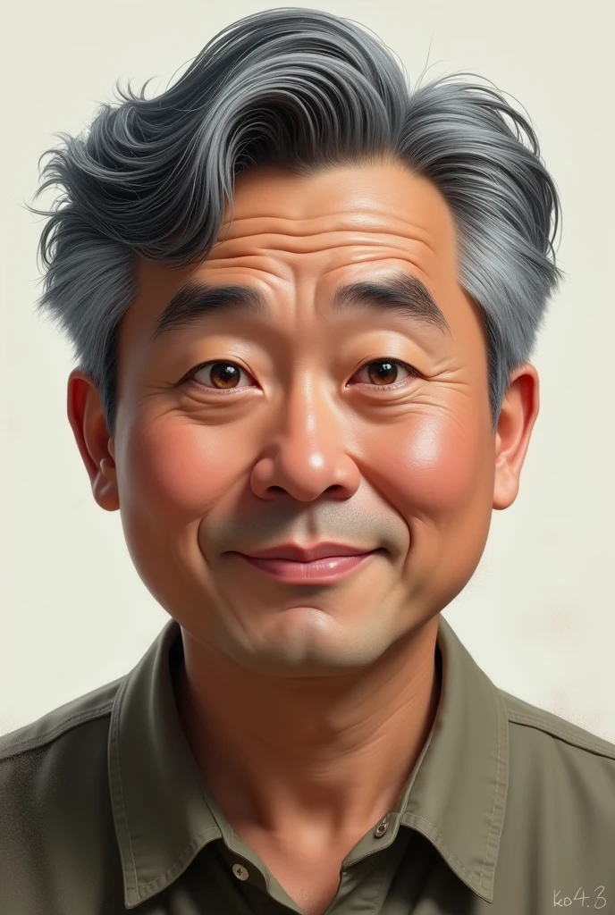 Male.cocasoide asian.. Short wavy little gray hair.chubby cheeks.small jaweline joined thick eye brows.little bit round face.large eyes.middle aged.normal ears and mouth.caucasoid race. Brownish black in complexion
