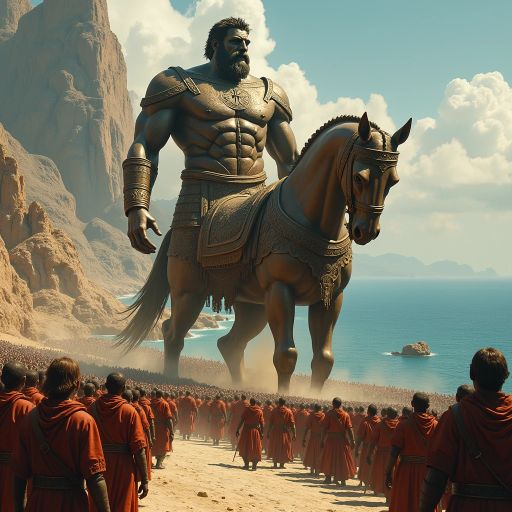 A scene from a fictional epic inspired by Greek and Roman history and mythology、The bronze giant, said to span the Strait of Gibraltar, returns victorious, leading the spoils of war, the Trojan Horse.、The populace and soldiers are awestruck by its sheer size、Draw in detail、(Highest quality, masterpiece, High resolution)、8k、wallpaper、