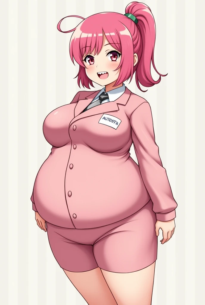 Slightly down-turned eyes、Pink Uniform、Pink vertical roll hair、Large chest、Double teeth