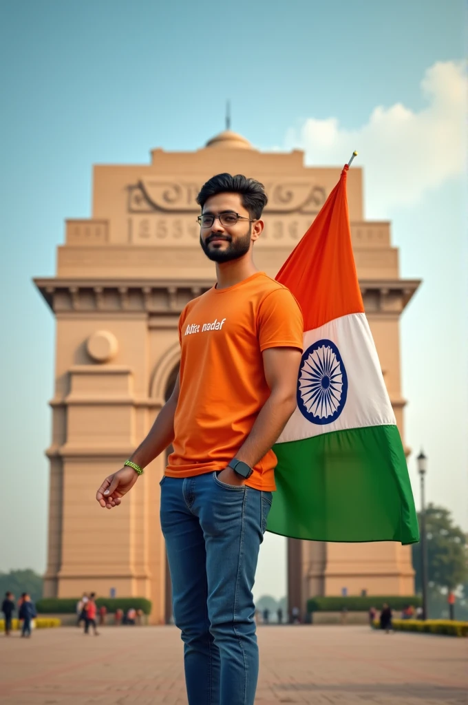 A real 30 years old boy, Wearing Orange T shirt blue jeans sneakers and the name "Altaf nadaf" is written on his t-shirt and the boy is standing on the road with holding a national flag of India, and behind him is the India gate Delhi. And "Happy Independence Day 2024" written at above sky Create Realistic image high quality.