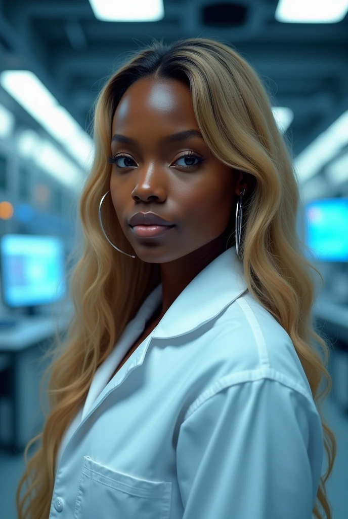 hyper realistic portrait of skai Jackson, dark skinned black girl, 19 years old, with long blonde hair and brown eyes. She should have a natural, approachable expression and be lit by soft, blue light, canon eos r5, raw format, wearing detailed lab coat, skilled in robotics, background is a detailed large modern mansion with scientific laboratory, full body, center