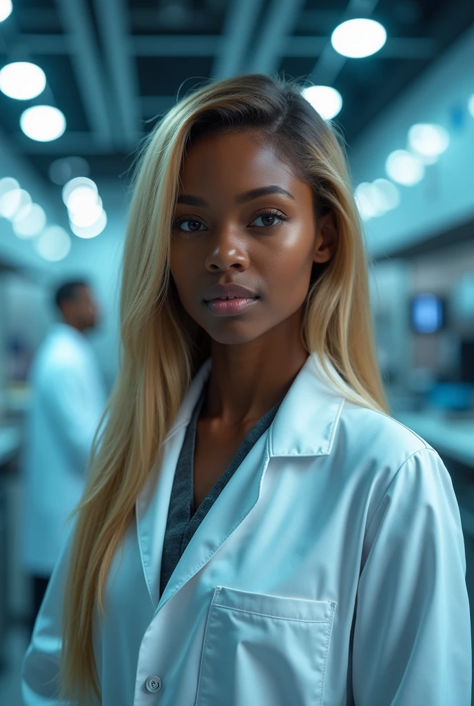 hyper realistic portrait of skai Jackson, dark skinned black girl, 19 years old, with long blonde hair and brown eyes. She should have a natural, approachable expression and be lit by soft, blue light, canon eos r5, raw format, wearing detailed lab coat, skilled in robotics, background is a detailed large modern mansion with scientific laboratory, full body, center