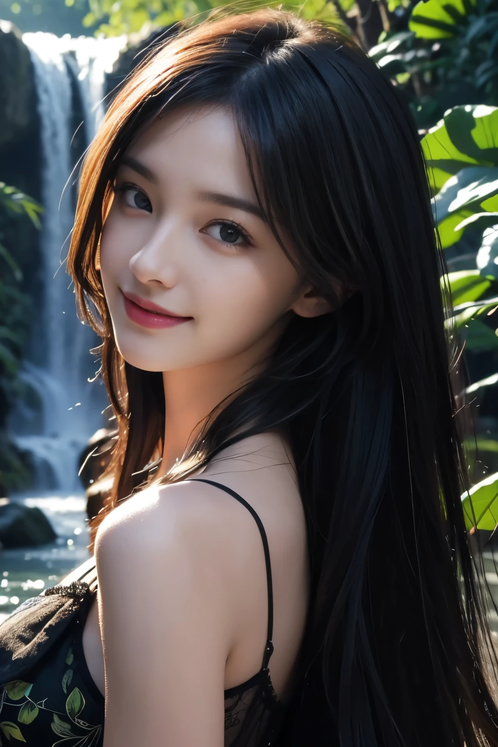 (ultra realistic) , (illustration), (increase resolution), (8K), (extremely detailed), (best illustration), (beautiful detailed eyes), (best quality), (ultra-detailed), (masterpiece), (wallpaper), (detailed face), 1 girl, black straight hair, slender body, delicate details, in the dark, deep shadow, low key, pureerosfaceace_v1, happy smile, summer dress, waterfall, rainforest
