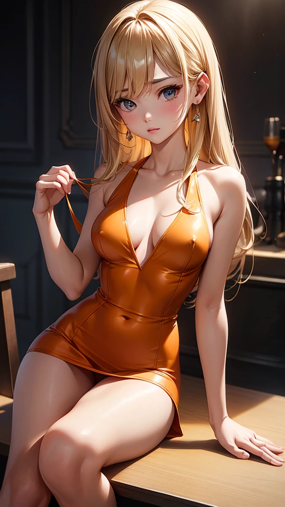 (masterpiece), (best quality), (detailed), light layer, 1solo girl, young girl, perfect body, blonde hair, defined , defined collarbone, ultra realistic, photorealistic, detailed, ,Enhance, Short Orange Mini Dress Low  Bodycon Club Evening Party  Dress, black background, white spotlight, sitting in chair
,ชุดรัดรูป, , โชว์กางเกงใน , โชว์หน้าอก, หัวนม,