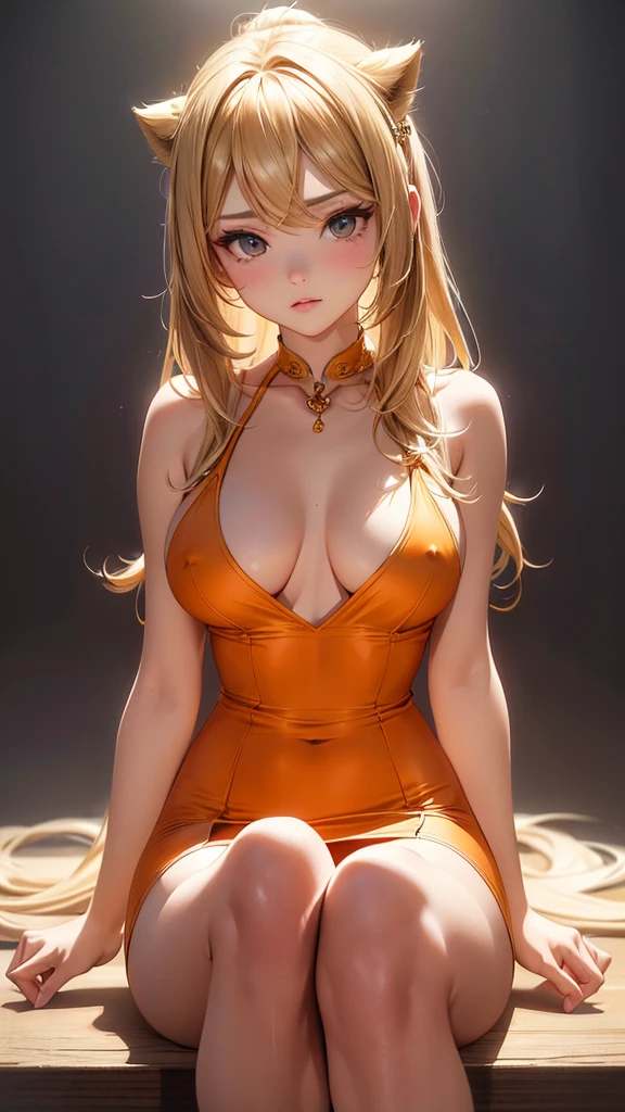 (masterpiece), (best quality), (detailed), light layer, 1solo girl, young girl, perfect body, blonde hair, defined chest, defined collarbone, ultra realistic, photorealistic, detailed, ,Enhance, Short Orange Mini Dress Low chest Bodycon Club Evening Party Sexy Dress, black background, white spotlight, sitting in chair
,ชุดรัดรูป, camel toe, โชว์กางเกงใน , โชว์หน้าอก, หัวนม,