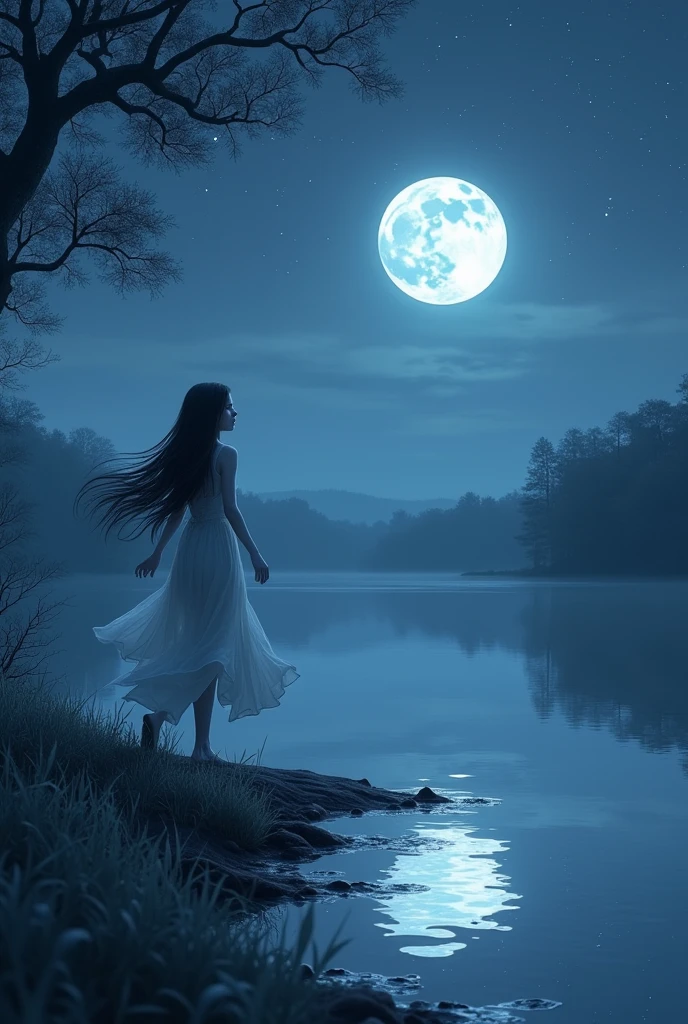Beautiful girl walking beside the lake in midnight