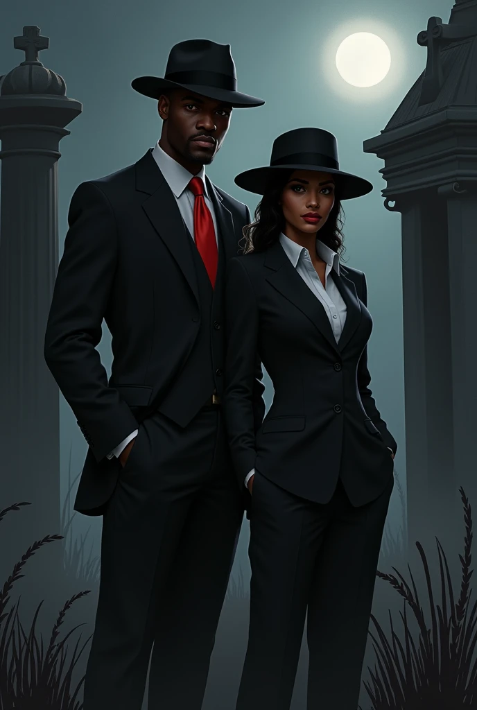 Make an art piece with a black man in a black suit and hat, with red tie. next to a woman in a black suit and hat. Do both in a cemetery at night