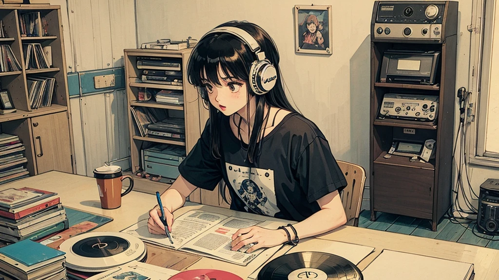 1 person, Blue Long Hair, 80s anime style, I have headphones on, coffee, Retro, Lo-Fi,A stylish room filled with records, Wearing a short-sleeved T-shirt,