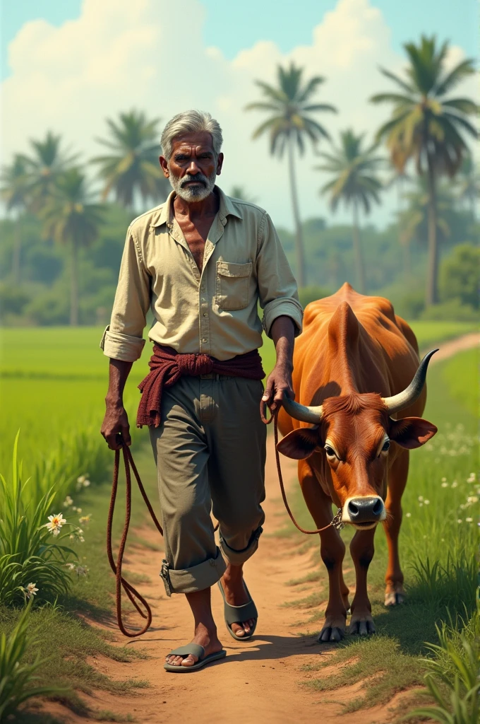 An Indian farmer walking through farmland with a angry cow on a leash