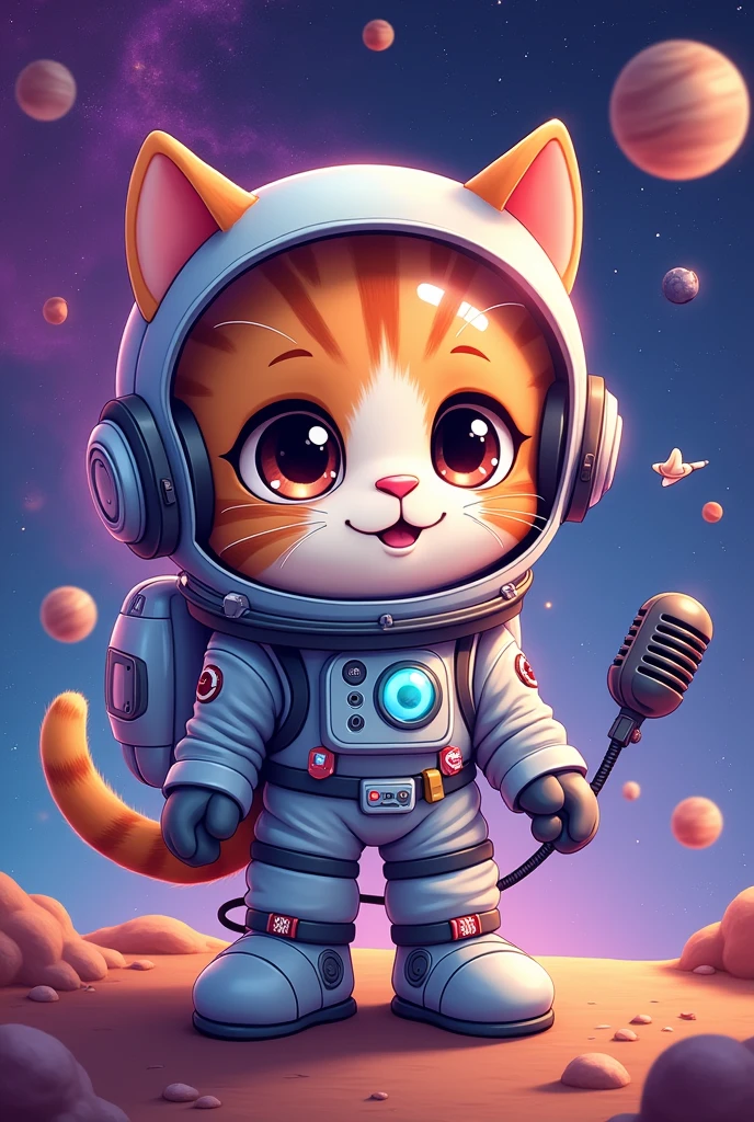 cute podcat astronaut avatar podcasting in galxay with podcasting elements surrounding doodles with purple background galaxy