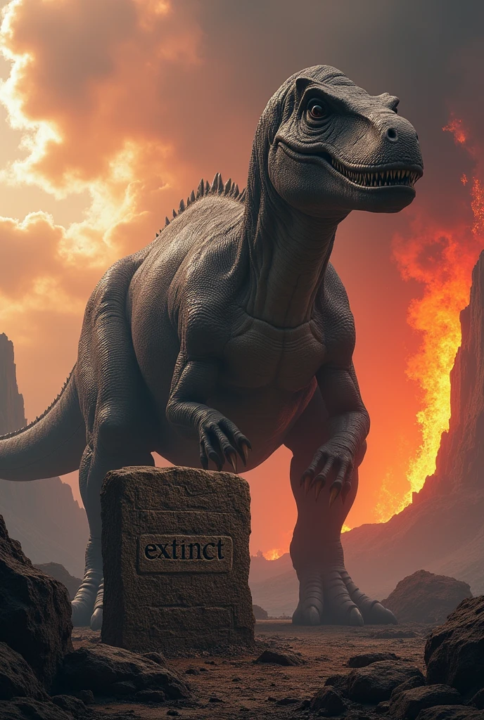 Generate an image with a dinosaur and a stone inscription that says 'extinct', a volcanic background and fiery skeleton head rainstorms