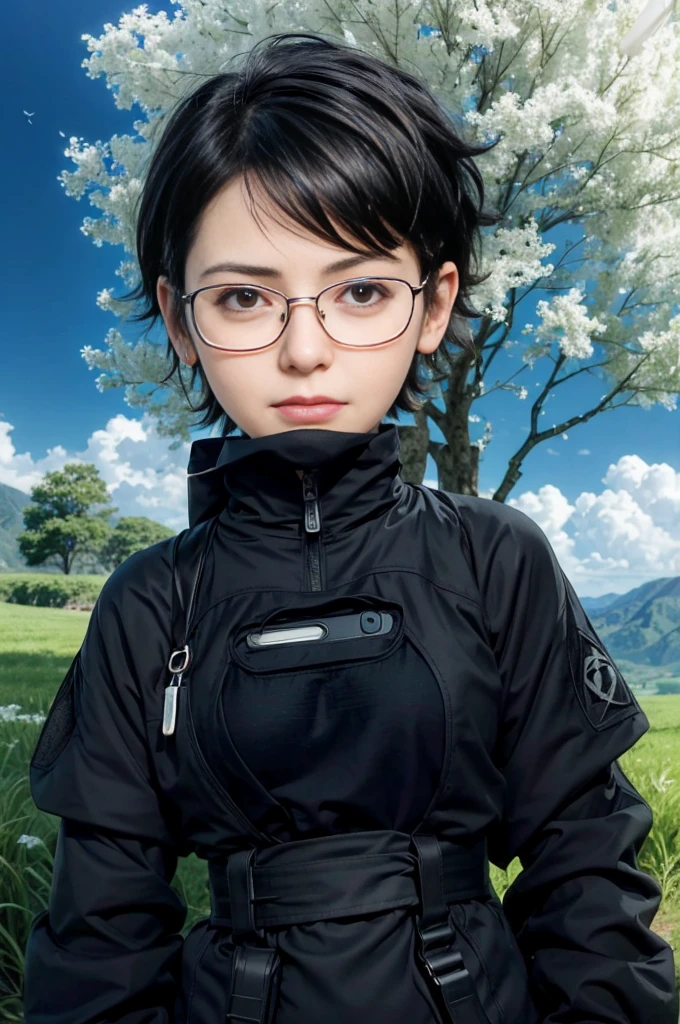 masterpiece, best quality, (realistic,photo-realistic:1.4), (RAW photo:1.2), extremely detailed CG unity 8k wallpaper, delicate and beautiful, amazing,finely detail, official art, absurdres, incredibly absurdres, huge filesize, ultra-detailed,extremely detailed eyes and face,light on face,sarada,(little smile:1.2),(black hair:1.4),(wearing tactical gear:1.5),(very short hair:1.4),nature,sarada uchiha ,(wearing glasses:1.4),(narure background:1.4),belt