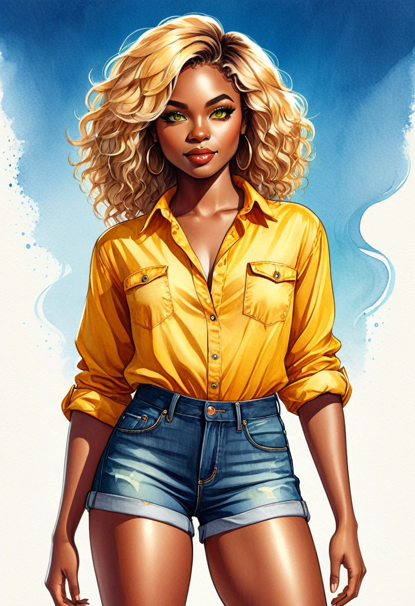 Watercolor illustration of a black woman with blonde hair and a yellow blouse standing in denim shorts in digital illustration style, cartoon style illustration, highly detailed character design, colorful illustration, detailed fashion illustration, wavy hair, yellow theme, beautiful green eyes, light makeup.