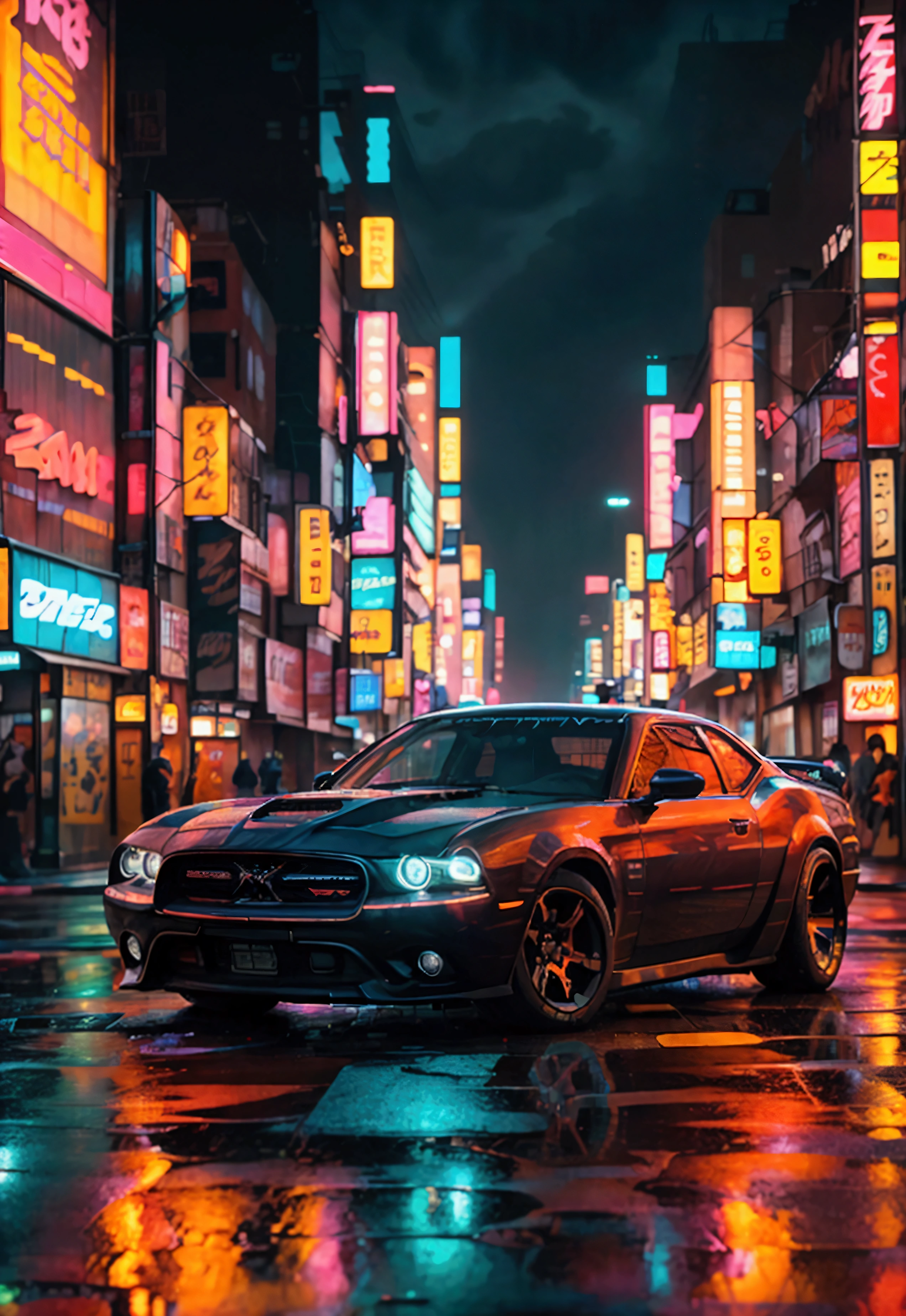 Dodge glistening under neon lights in a bustling Tokyo street. The car's contours catch reflections from vibrant signs and advertisements, creating a contrast between the car's glossy finish and the dark, wet pavement. The city's neon lights—reds, blues, and purples—illuminate the scene, enhancing the Dodges sharp lines and dynamic presence. The 8K Ultra HD quality would bring out intricate details like the glistening rain on the pavement and the rich textures of the city's backdrop.Front view black dodge