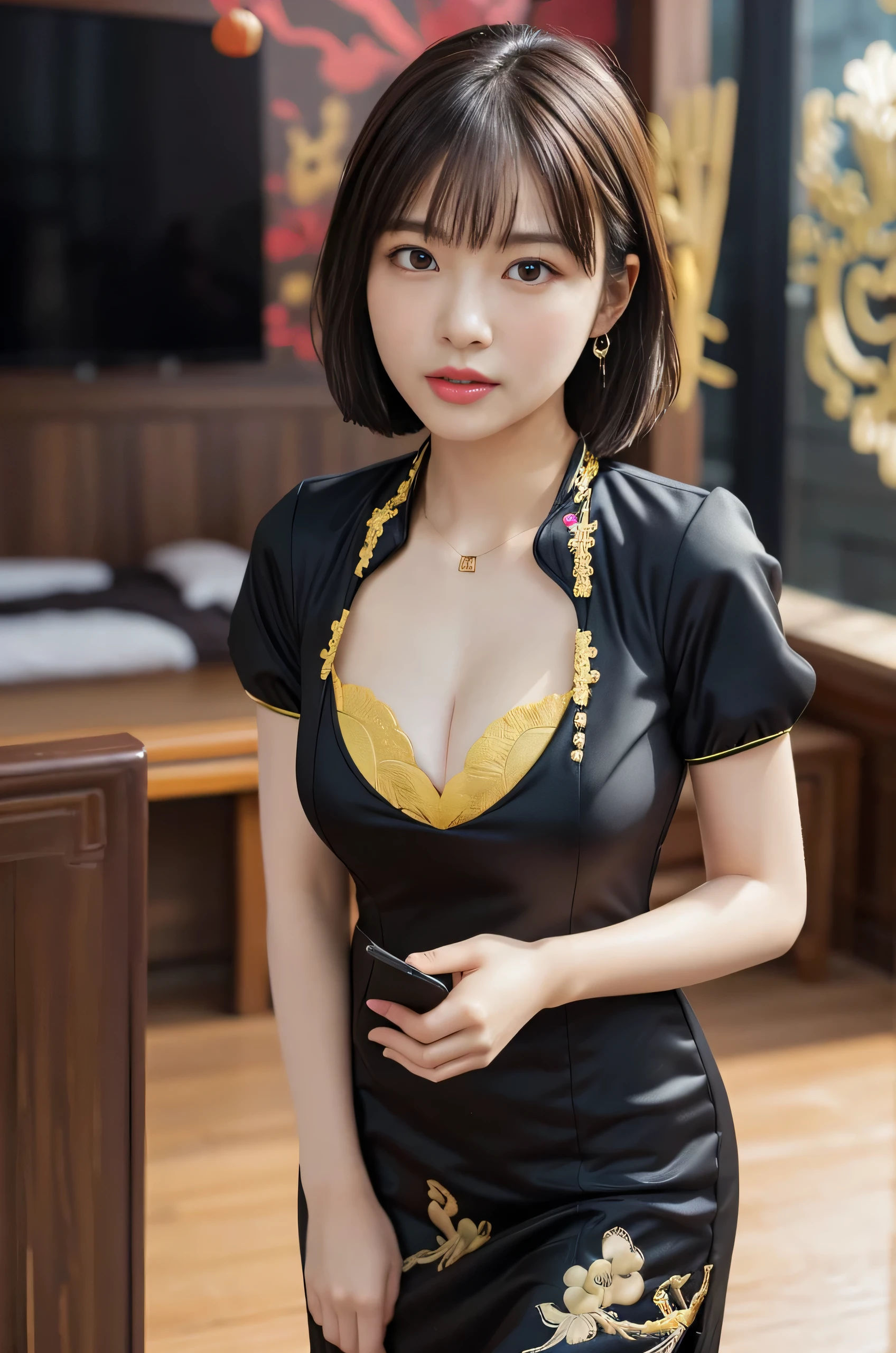 (8ก, Highest quality: 1.3), Very detailed, A complete solution, (Realistic, Realistic photo: 1.37), Portraiture, High resolution RAW color photograph, Arrested while on duty, High resolution and beautiful, High resolution, 8ก Image Wallpaper, Amazing details, Large file size, Very detailed美しい, Very detailed faceexpressive lips, (Clear, beautiful, large eyes:1.5), Fine skin., All features are clearly displayed., The contours of the fingers are also beautifully shaped...., The nose shape is correct., expressive lips, Perfect Anatomy, ,(Bedroom, background, background is not blurred:1.4),One Story, 20th Generation, cute, Realistic、 (Front view:1.4),(Face Focus:1.3),(Looking at the audience:1.5), (Location:1.5),(Ideal body type:1.5),Perfect Ass, cute顔, Sexy Face, Sexy Body,( A little chubby),Sexy pose, blush, Young people,short hair, Bobcut , Earrings, meanwhile, necklace, bracelet, stockings, (Sculptural installation:1.5),Browsing Caution, (orgasm,Open your mouth,Ahegao,vapor,Heavy breathing:0.8),(A very elaborate Chinese dress:1.5),(Covered nipples:0.5),(Medium chest :1.8),(Spread your legs wide:0.8)