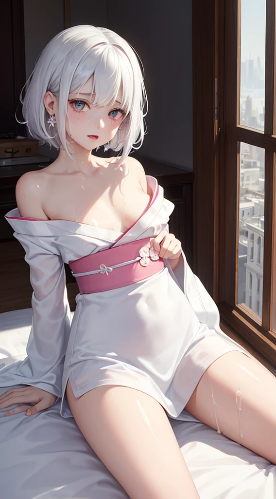 Character Details:, - Gender: 1 Girl.
- Style: Anime, - Body Type: Attractive body, slim body, nice legs, slim tights, nice arms, nice shoulders. - Breast: (Small Breast:1.2), (Cleavage:1.1), (Nipple:1.1), (Slip Nipple:1.1), (Milk), (White Milk), (White Goo:1.1), (White Sticky Goo Over Body:1.1), (White Goo over Face:1.1), (Sticky Liquid on Breast:1.4),.
- Facial Feature: Beautiful, Gorgeous, ager, Fresh, Young.
- Expression: Shy, Pink Blush on Face, open mouth, Pink Tongue, Sexy Eyes, Sexy Look, (Sweating:1.4), Innocent Look, Tipsy. - Hairstyle: Blunt Bangs, Long Hair. - Hair Color: (White Hair:1.5), (Cute Short Hair:1.3),
- Clothing: (Sexy Kimono:1.6), (Off-Shoulder:1.3),. - Body Pose: (Wide Spread:1.3),(Sitting:1.3),. - Behaviour: Waiting, Want Something, Secretly.
- Accessories: Earrings, No Hair Accessories, Environmental Details:, - Setting: Bed Room., - Lighting: Natural Light., - Decoration: Modern Bed, Chair, Window, White Curtain, City View. Top view. pov, anime style, UHD, retina, masterpiece, accurate, anatomically correct, textured skin.