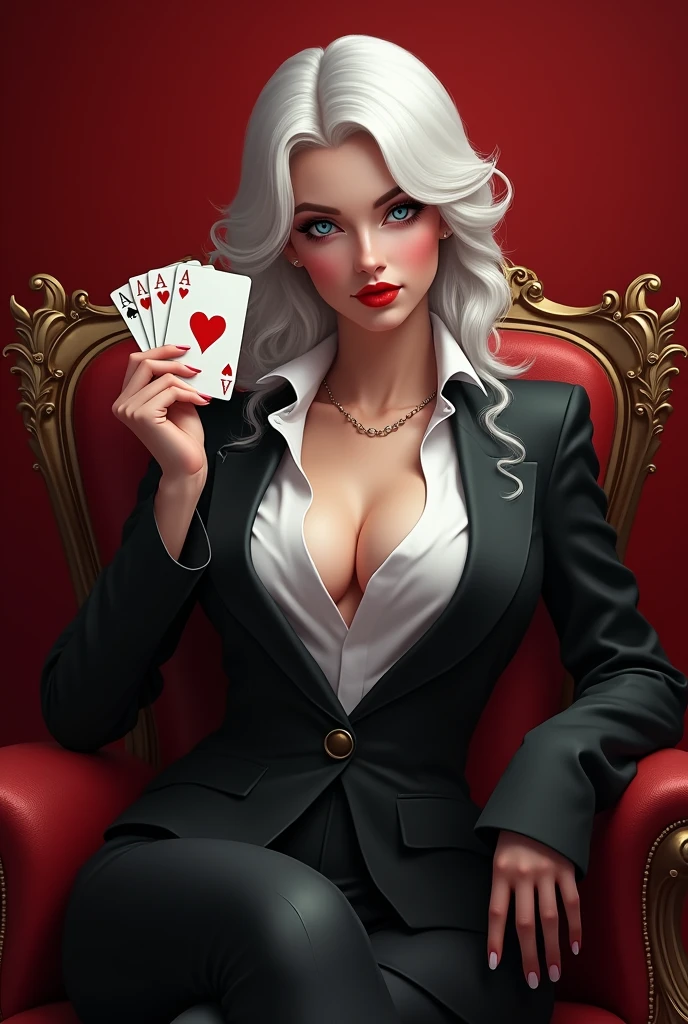 A beautiful digital art mafia woman full body with long platinum hair and beautiful blue eyes. wearing a black and white suit with gold acessories. she is holding card with red heart deck of cards while sitting in a luxury chair. Plain Red background