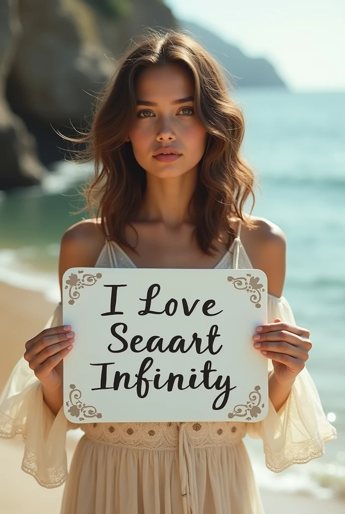 Beautiful girl with wavy long hair, bohemian dress, holding a white board with text "I Love Seaart Infinity" and showing it to the viewer