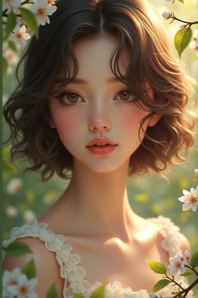 A beautiful girl with short brown hair in spring