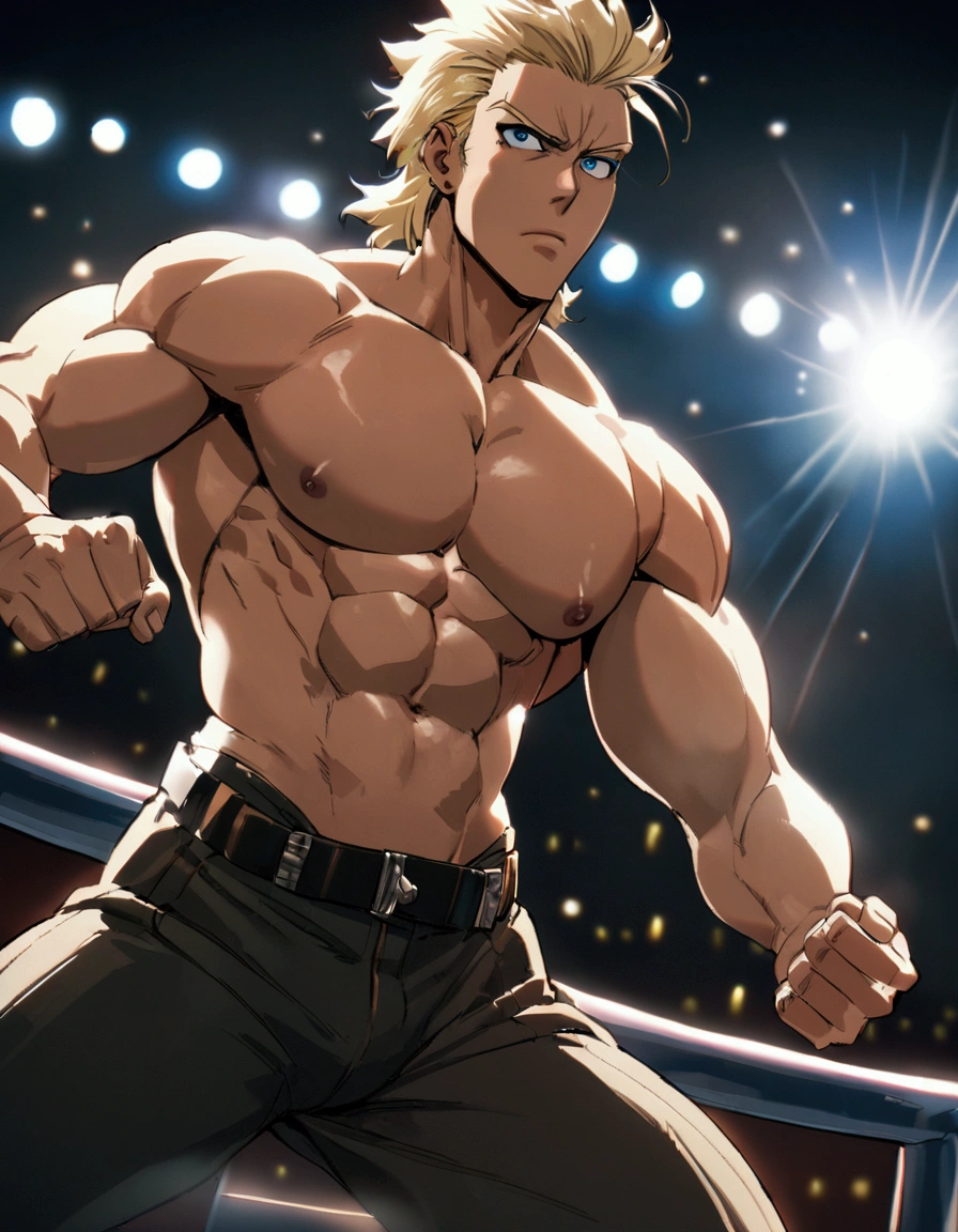 1guy, solid dude, gallant beau, blonde, tsurime, sanpaku, blue eyes, spiked hair, 24yo, heavy weight muscular, handsome westler, BREAK ideal ratio body proportions, stocky waist, sharp eyes, beautiful detailed eyes, toned body, elder chinpira, dark pupil, masculine playboy, BREAK solo, topless, black wrestling bikini, nipples, abs, fighting stance, on wrestling ring, detailed background, hollywood action, BREAK upperlegs focus, dramatic expression, 1990s, in capcom art style, in color comic style, in game illustration style, depth of field, dutch angle, cinematic shadows, cinematic lighting, lens flare, light leaks, VHS Quality, texture, absurdres absolutely resolution, extreme all detailed, greatest painting, BREAK masterpiece, best quality