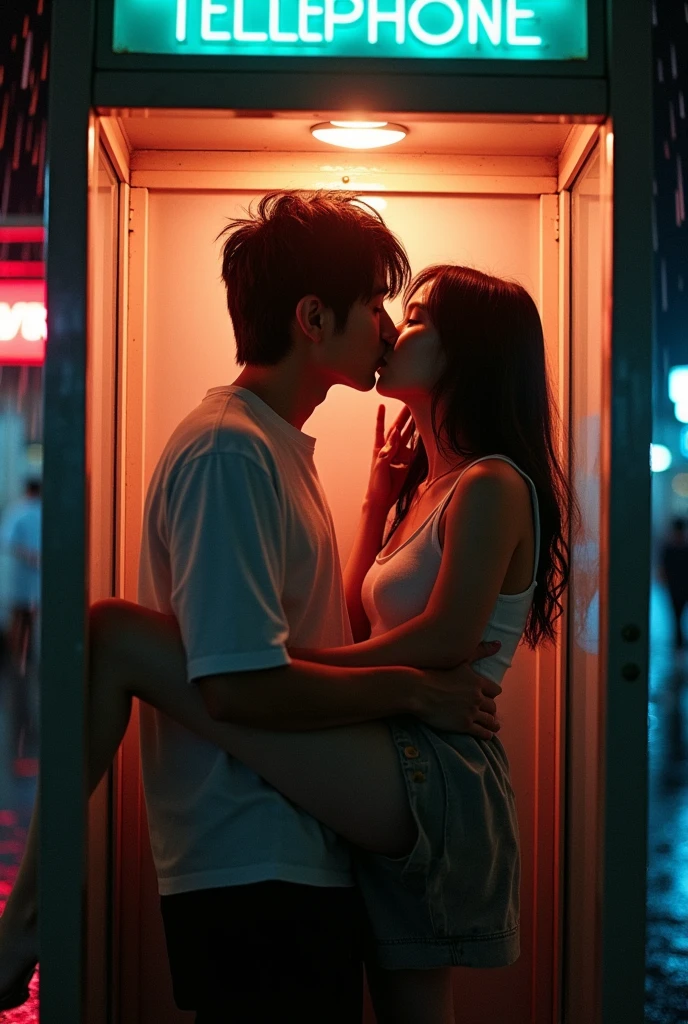 A Couple, (behind a glass shot:1.5), (best quality:1.5), japanese, 1man and 1girl, 35y a man in casual cloth with short black hair, 25y a girl sweet and chubby, in a telephone booth, a man lift her legs with his arms then giving a real kiss, she has messy mid long bang hair in tanktop and skirt, (lift posing:1.4), real couple, 120 film looks, neon light reflection, ambient lighting, night, (rainy:1.3), detailed face and eyes, very highly detailed, surreal view, (sharp focus:1.3), shot by mamiya film, (artistic photography:1.3), (wide angle:1.3)