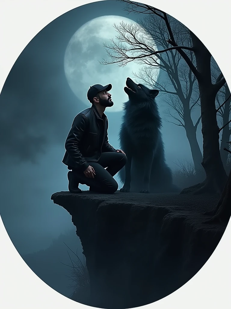 A hyper-realistic 3D-rendered circle logo featuring an Arabic man with a well-groomed beard, dressed in a black leather jacket, black jeans, and a black cap. The man kneels at the edge of a jagged cliff under a dark, starless sky, his head thrown back in a howl. Emerging from his chest is a large black wolf made of smoke, seamlessly blending with the shadows of ancient trees in the background. Thick fog swirls around the scene, and a faint mystical light highlights the intense connection between the man and the wolf. The scene is dramatic, with shadows and ethereal lighting creating a powerful and sleek visual impact. The image is dark and mysterious, with the man's connection to the wolf being the focal point of the image. The wolf is made of smoke and blends seamlessly with the shadows of the trees in the background, adding to the overall mysterious and mystical feel of the image. The man's black clothing and the dark, starless sky add to the dramatic and intense mood of the image.