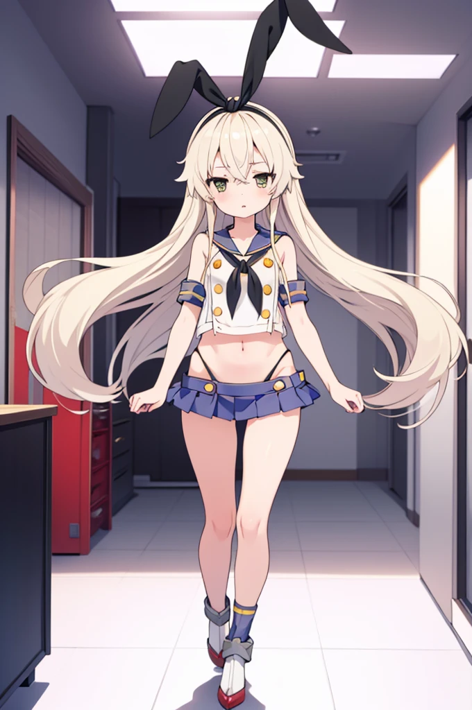 (masterpiece), best quality, expressive eyes, perfect face, shimakaze, 1girl, alone, (masterpiece), best quality, expressive eyes, perfect face, looking at viewer, full body , walk in class room, happiness, shimakaze, shimakaze_kantaicollection, hairband, blonde_hair,long_hair, shimakaze's outfit with ((nano skirt, no panties)), shower pussy