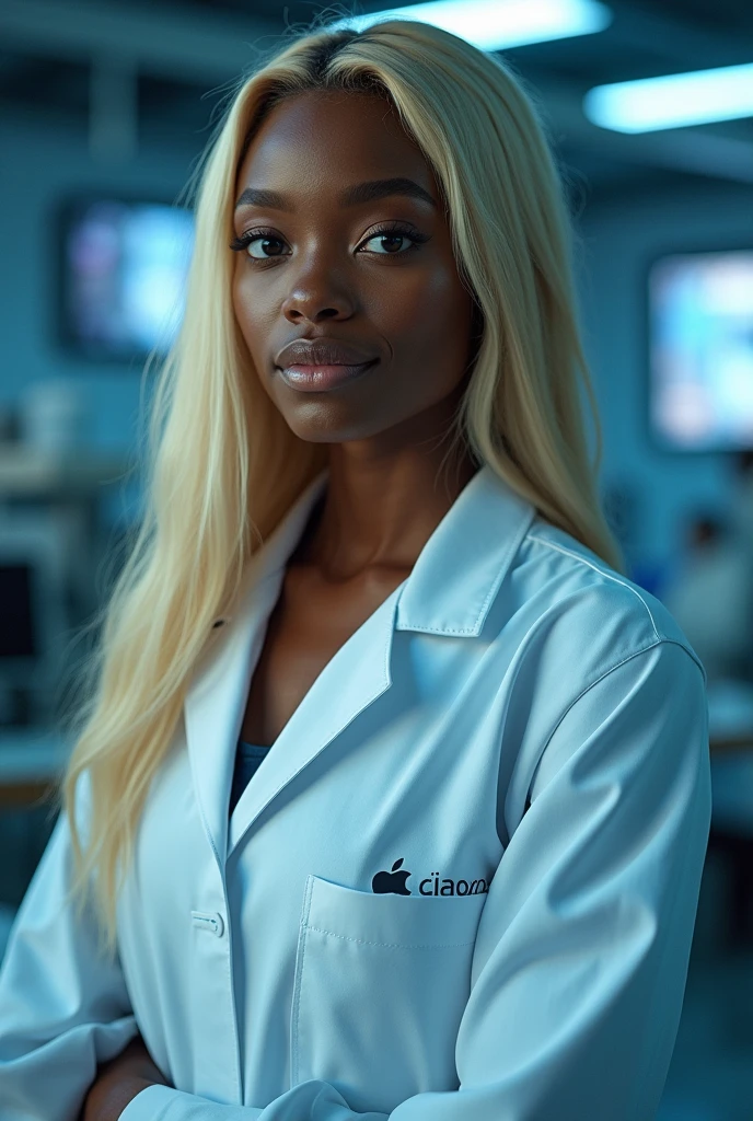 hyper realistic portrait of skai Jackson, dark skinned black girl, 19 years old, with long blonde hair and brown eyes. She should have a natural, approachable expression and be lit by soft, blue light, canon eos r5, raw format, wearing detailed lab coat, skilled in robotics, background is a detailed large modern mansion with scientific laboratory, full body, center