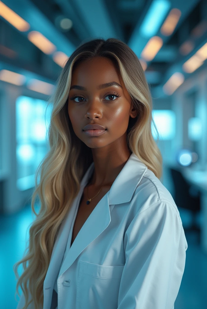 hyper realistic portrait of skai Jackson, dark skinned black girl, 19 years old, with long blonde hair and brown eyes. She should have a natural, approachable expression and be lit by soft, blue light, canon eos r5, raw format, wearing detailed lab coat, skilled in robotics, background is a detailed large modern mansion with scientific laboratory, full body, center