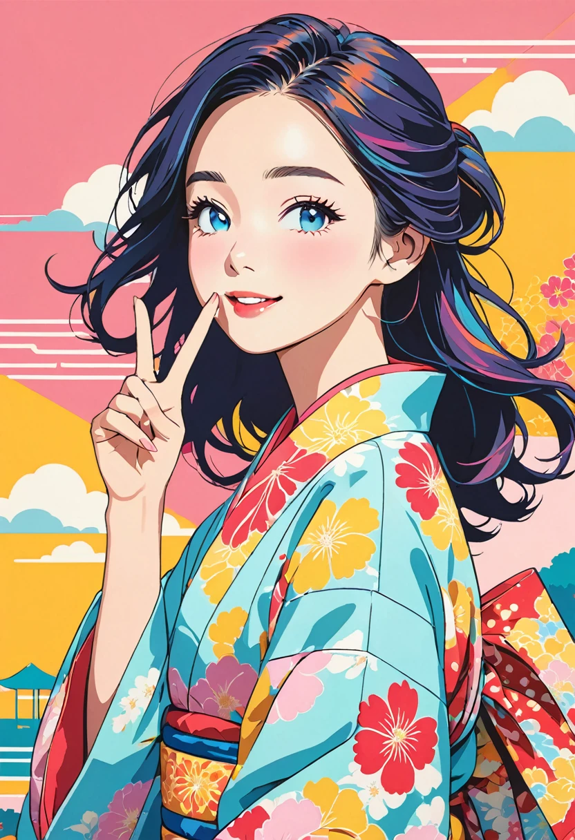 (masterpiece, best quality:1.1), (ultra highres, ultra-detailed:1.2),pop-art,(pastel color,flatcolor),girl doing hush pose,(colorful yukata),(v-sign to her mouth),she has one eye closed,wink,(blink:1.2),natsumatsuri background,japanese summer festival,minimal design,BREAK yo,british cutie,