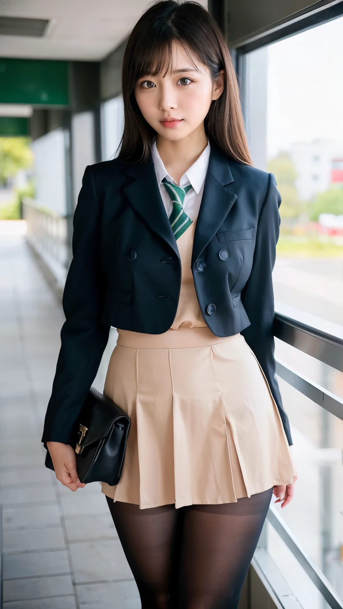 Great quality、8k、flying debris、(RAW Photos:1.4)、High resolution、((Composition away from the subject))、顔から足首までのFull body photo))、((Perfect Anatomy))、1 female 、Small build、Detailed skin、Glowing Skin、Baby Face、double eyelid、eyes with long eyelashes、Small face、smile、Open your mouth、Staring out the window in the school hallway、Stretch your back、The windows provide natural light、Realistic school scenery、Middle School Girl、Blue and grey school bag on shoulder、Slender and delicate body、Small breasts、A blazer uniform with green lines、 、Check skirt、healthy、young woman、black tights、black tights、Brown loafers、loafers、Full Body Shot、Beautiful Hairstyles、Accentuates very slim legs(Please take a picture from the front.), (8k), (Highest quality: 1.5), (Realistic: 1.1), 超High resolution, Very detailed, Golden Ratio, (Two tall Japanese high school s), 24-years-old, (F Cup Big:1.7), Huge breasts((Breast engorgement)), Cleavage, (Full body photo), (Very cute face, Overlooking here, Keep your hands on your hips, Stand with your feet shoulder-width apart), Simple uniforms, (Wearing a Japanese office lady uniform), Long sleeve uniform, ((thick and long legs)), ((Very wide thighs:1.6)), ((Very long legs:1.4)), (I always wear black pantyhose), (If it&#39;s tight, it won&#39;t shine.、Very short), (Oily shiny black pantyhose),(ヒールが高いハイヒールloafersを着用) , Please take a picture from the front, (8k), (Highest quality), (Realistic), (Three tall Japanese high school s), 24-years-old, F Cup Big,  (Full body photo), (Angry with a super cute face, Angry face, Overlooking here, Cleavageを強調するために腕を組む, (Very wide thighs), (Plump legs), (They always wear black stockings...),Simple uniforms, Wearing a monochrome Japanese uniform, Street Snap, Japanese blonde, blonde, short hair, hair band, Glare, Frowning, Makeup, Frowning, Frowningをする, Surrealism, First Person View, First Person View, Wide-angle, 超High resolution, Anatomically correct, Super Detail, 16K, プリーツミニスカートと黒ストッキングを履いた女性のFull Body Shot, Japanese , ( Ivory Black ), Japanese women's fashion model, ulzzang, Micro Mini Skirt, (スカートがVery short), (Very long legs), (Very wide thighs), (Plump legs), (She always wears black stockings...), (Wearing brown platform high heels), Accurate high heels,　Knee socks