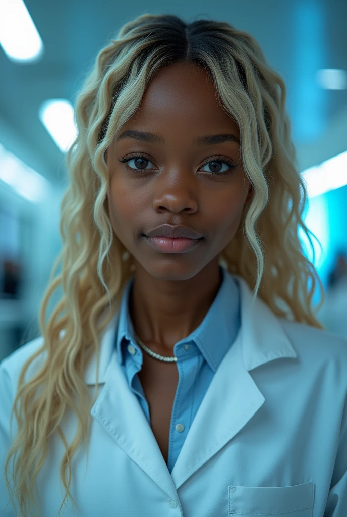 hyper realistic portrait of skai Jackson, dark skinned black girl, 19 years old, with long blonde hair and brown eyes. She should have a natural, approachable expression and be lit by soft, blue light, canon eos r5, raw format, wearing detailed lab coat, skilled in robotics, background is a detailed large modern mansion with scientific laboratory, full body, center