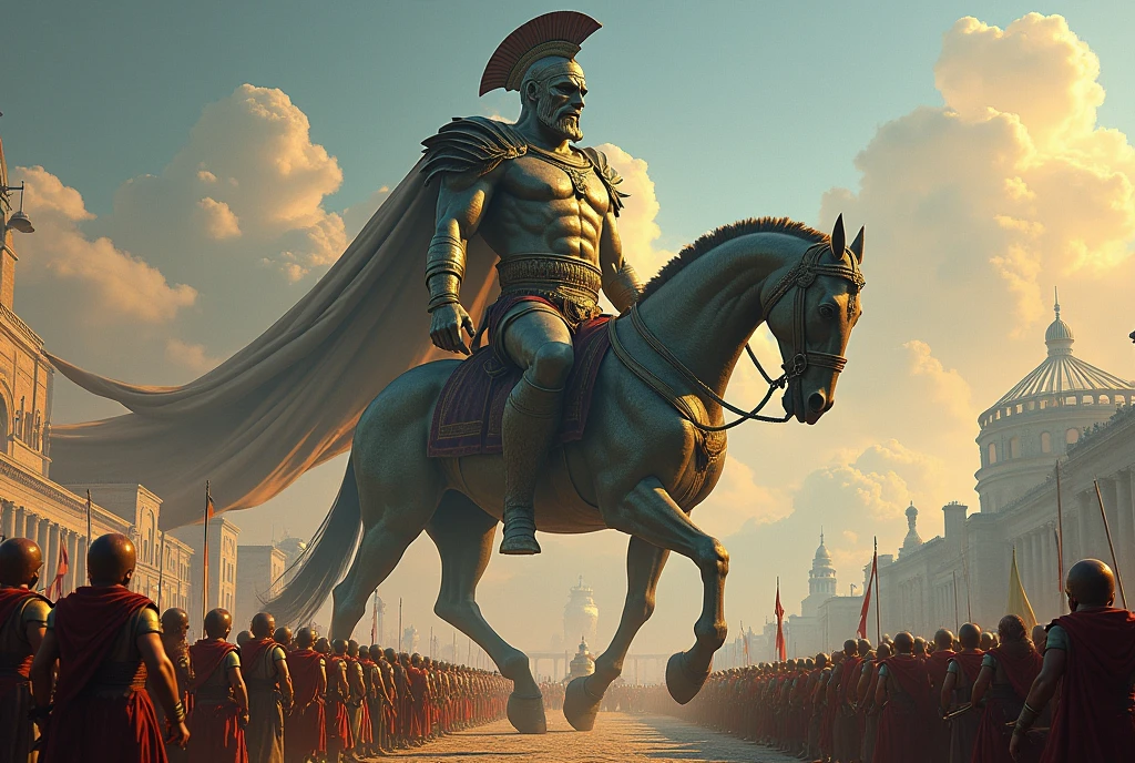 A scene from a fictional epic inspired by Greek and Roman history and mythology、The bronze giant, said to span the Strait of Gibraltar, returns victorious, leading the spoils of war, the Trojan Horse.、The populace and soldiers are awestruck by its sheer size、Draw in detail、(Highest quality, masterpiece, High resolution)、8k、wallpaper、