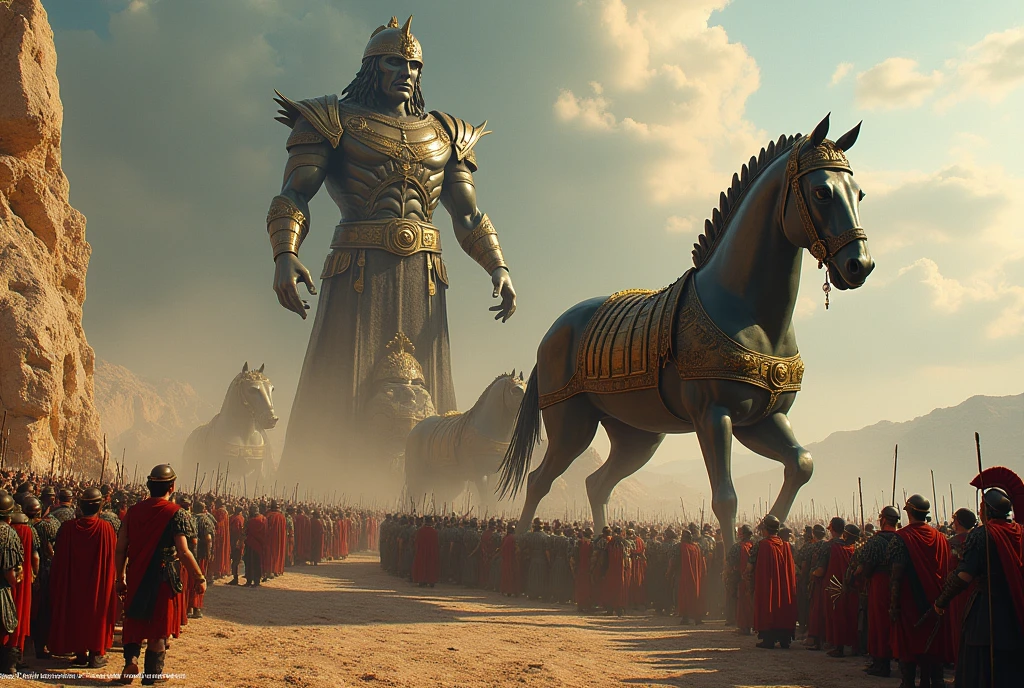 A scene from a fictional epic inspired by Greek and Roman history and mythology、The bronze giant, said to span the Strait of Gibraltar, returns victorious, leading the spoils of war, the Trojan Horse.、The populace and soldiers are awestruck by its sheer size、Draw in detail、(Highest quality, masterpiece, High resolution)、8k、wallpaper、