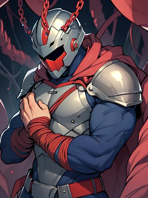 masked, Superhero, hero, strongest human, strong and robust male, savior, bound, subdued, unable to move, immobilized, tentacle, Armor, helmet, Tentacle entanglement, uniform, Wrapped around the body, Binding hands togethe, A gagged mouth, Foreign object invasion