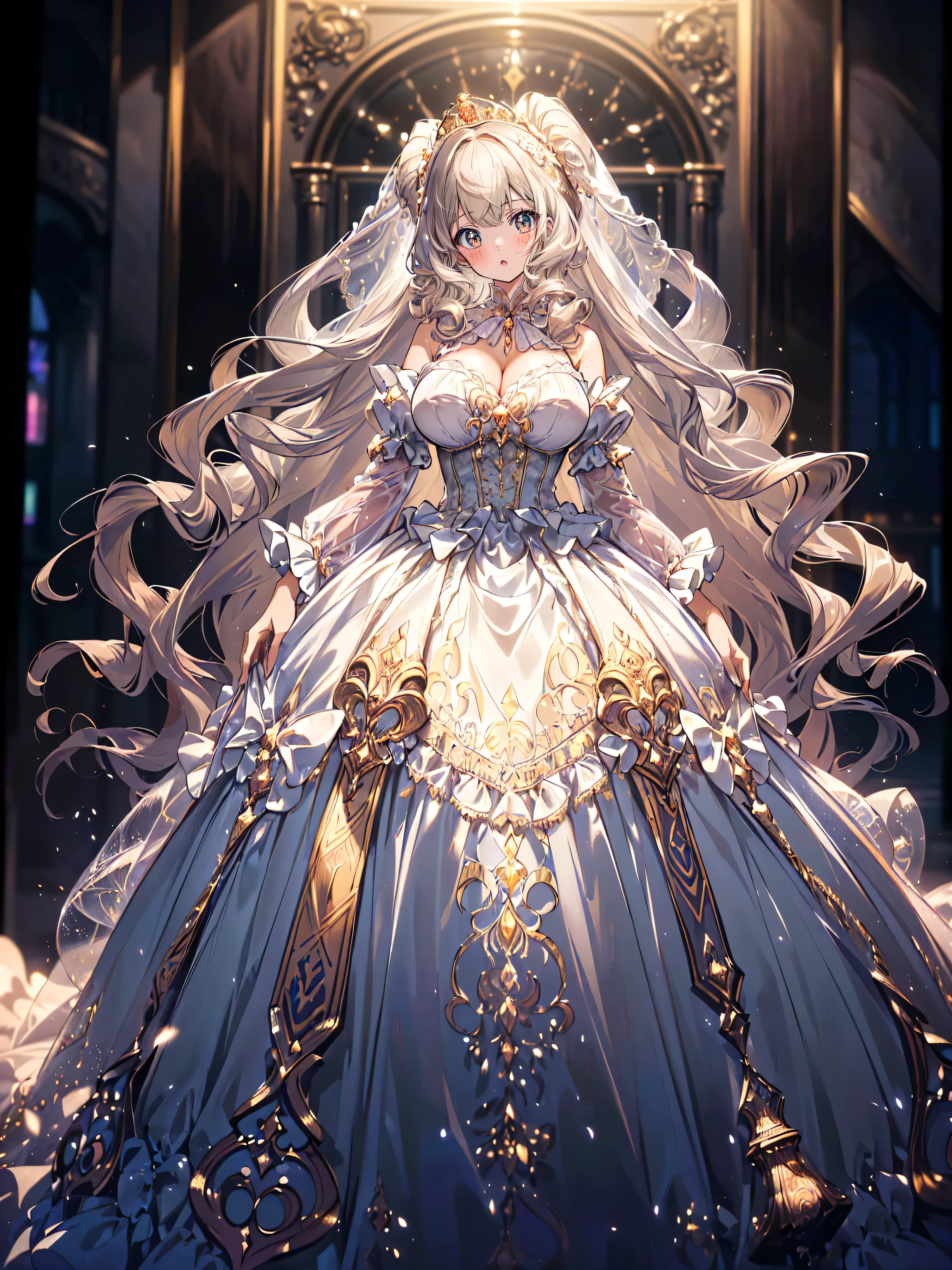 ((superbly detailed drawing, ultra detailed, exquisite quality, ultra high resolution)), ((gown transparency gown)), ((rococo victorian gown with voluminous huge hoopskirt and long hems, princess style skirt))), (gown brilliant reflection prism transparency gown), ((gown with multilayer ruffle)), (((solo young princess))), super delicate face, very kawaii face, (((kawaii smile))), (fluffy, smooth curly hair:1.2), (Expressive hair:1.3), (super voluminous long hair:1.2), (blunt bangs, hime_cut :1.5), full body, huge breasts, breasts cleavage, (((perfect hands))), (super detailed skin, perfect anatomy:1.5), (blurry background:1.5), ((looking viewer:1.3)), (depth of field:1.5), particle effect, caustics, (anime moe art style:1.5), (soft edge:1.3),