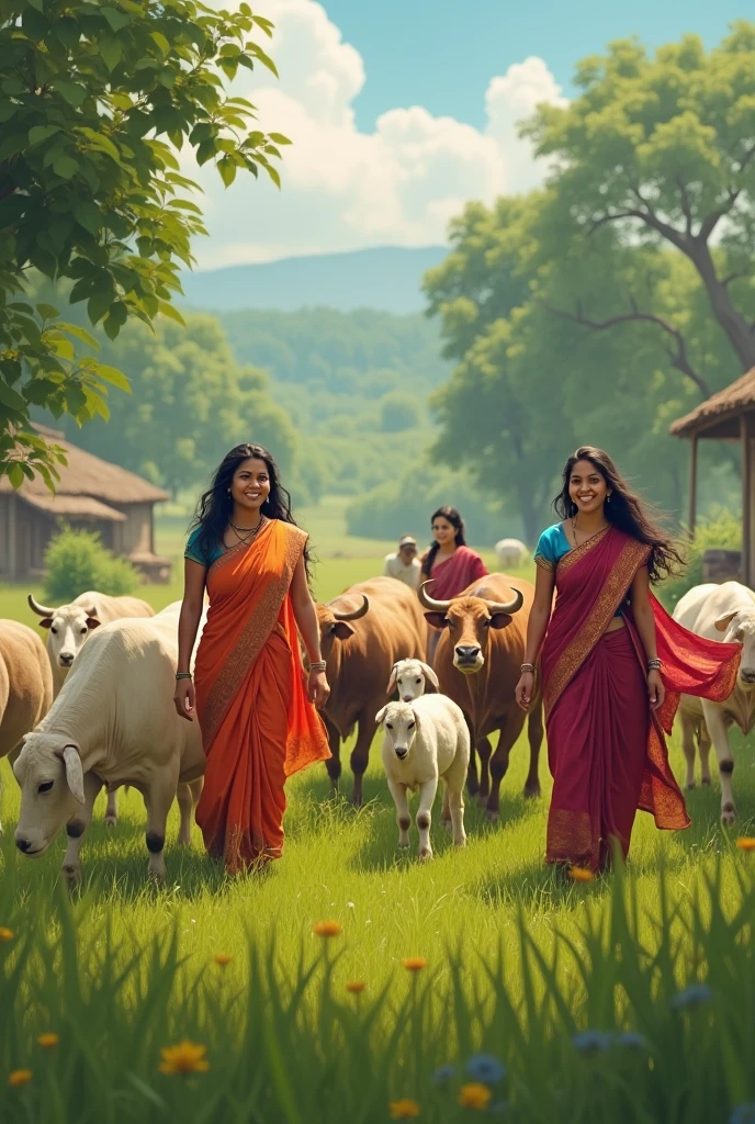 गाय और भैंस और बकरियां भेड़े को घास चराती हुई भारतीय लड़कियां, हंसते चेहरे, गांव में, घास का मैदान