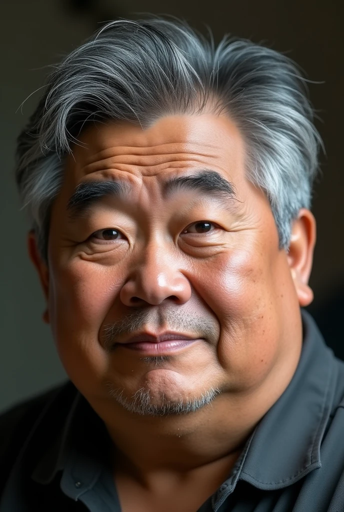 Male.cocasoide asian.. Short wavy little gray hair.chubby cheeks.small jaweline joined thick eye brows.little bit round face.large eyes.middle aged.normal ears and mouth.caucasoid race. Brownish black in complexion