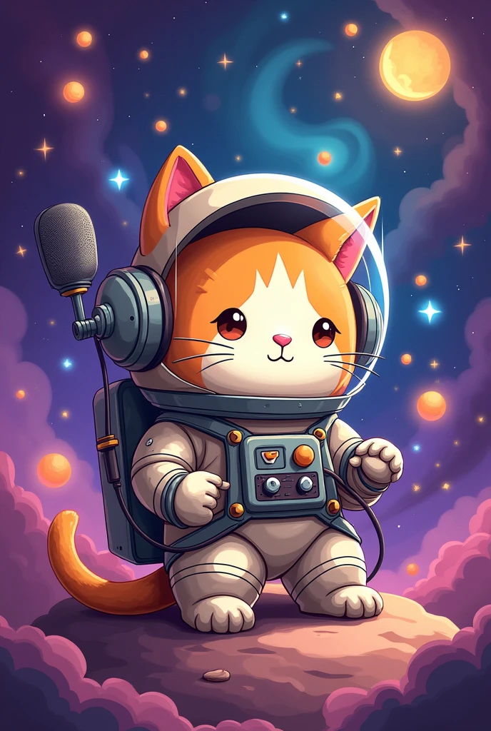 cute podcat human astronaut avatar podcasting in galxay with podcasting elements surrounding doodles with purple background galaxy 