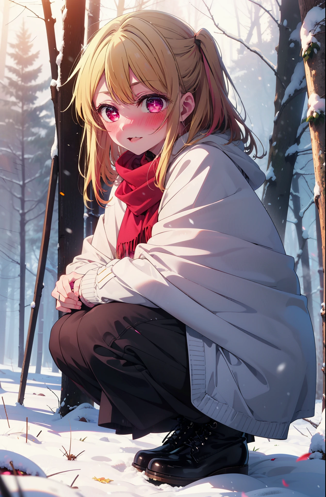 rubyhoshino, Hoshino Ruby, Long Hair, bangs, Blonde, (Pink Eyes:1.3), (Symbol-shaped pupil:1.5), Multicolored Hair, Two-tone hair, smile,blush,white breath,
Open your mouth,snow,Ground bonfire, Outdoor, boots, snowing, From the side, wood, suitcase, Cape, Blurred, , forest, White handbag, nature,  Squat, Mouth closed, Cape, winter, Written boundary depth, Black shoes, red Cape break looking at viewer, Upper Body, whole body, break Outdoor, forest, nature, break (masterpiece:1.2), Highest quality, High resolution, unity 8k wallpaper, (shape:0.8), (Beautiful and beautiful eyes:1.6), Highly detailed face, Perfect lighting, Highly detailed CG, (Perfect hands, Perfect Anatomy),