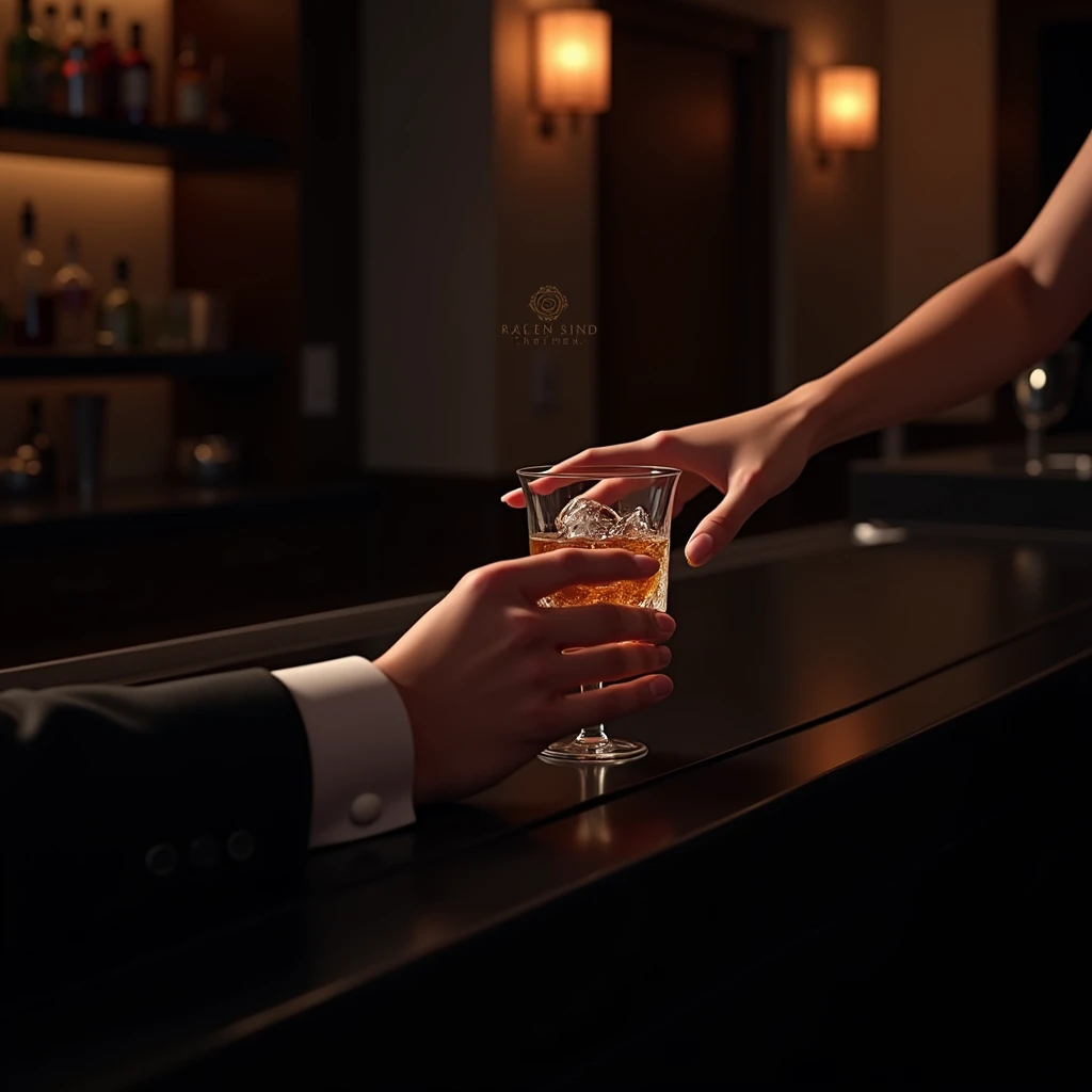 Bar counter, man's hand in a suit sitting, female bartender's hand handing over a rock glass, female bartender's bare arm