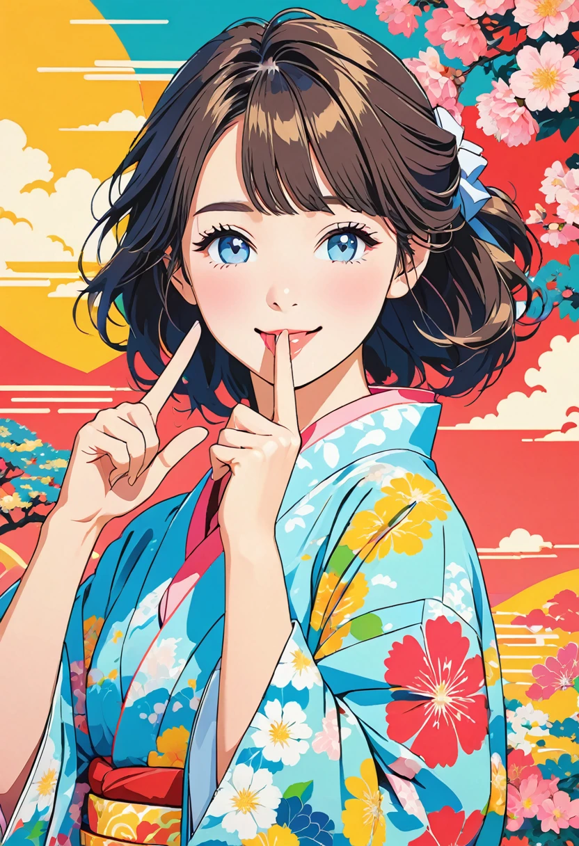 (masterpiece, best quality:1.1), (ultra highres, ultra-detailed:1.2),pop-art,(pastel color,flatcolor),girl doing hush pose,(colorful yukata),(v-sign to her mouth),she has one eye closed,wink,(blink:1.2),natsumatsuri background,japanese summer festival,minimal design,BREAK 15yo,french cutie,