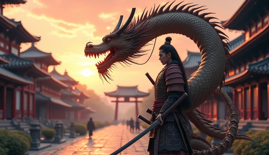 realisitic, 4K, samurai with a dragon, background an old Japanese city
