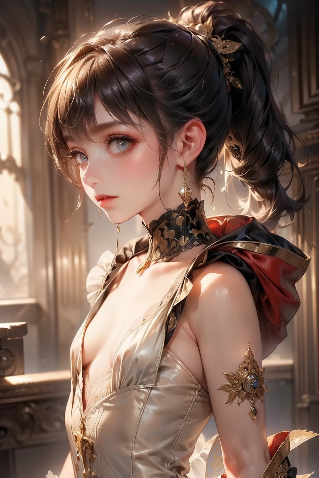 (((masterpiece, of the highest quality, super detailed))), (a female knight of an occult order), Edwardian/Victorian era inspired, ((minimal but intricate beautiful armour)), ((Fluttering lace flared dress with frilly petticoats)), ((((Highly detailed face))), ((ponytail, thick ponytail, heavy ponytail)), (((Very sharp focused eyes))), very long eyelashes, (resolved expression), (resolute expression), small breasts, (((flat chest:1.1))), occult aesthetic, (red and white clothing detailed and intricate steampunk and detailed gothic), (with a hood), thigh high flared socks, complex lace boots